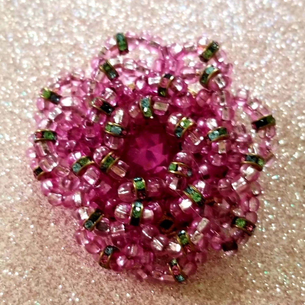 Vintage Rare 1980s Ugo Correani Runway Pink Glass Beads & Crystal Flower Brooch